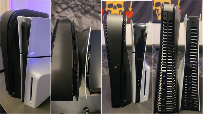 لقطات جنبًا إلى جنب لجهاز PS5 النحيف الجديد وجهاز PS5 الأصلي مع لوحات مخصصة. 